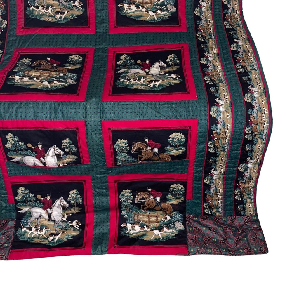 Handmade Vintage 70's Equestrian Horse Rider Beagle Hunting Paisley Quilt 66X52 - Picture 5 of 11